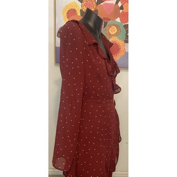 LA VIE BOHEME Burgundy Polka Dot Long Sleeve Frill Wrap Dress Sz 6 - Picture 4 of 9